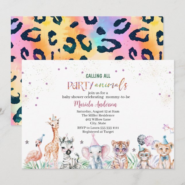 Invitation Elégant Aquarelle Wild Safari Animaux Baby shower (Devant / Derrière)