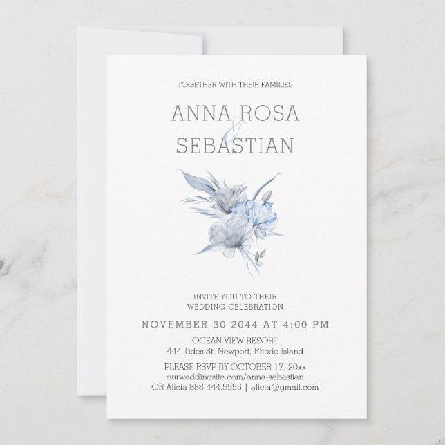 Invitation *~* Elégant AR15 MARIAGE Blue Floral Rose RSVP + (Devant)