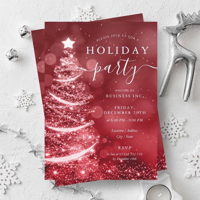 Invitation Elégant Arbre de Noël Rouge Entreprise Holiday (Elegant Red Silver Christmas Tree Company Holiday Invitation)