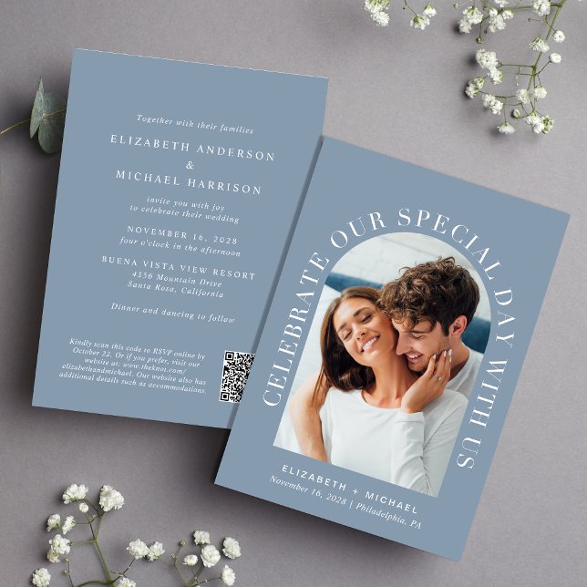 Invitation Elégant Arc Photo QR Code Dusty Blue Mariage (Celebrate your love story with an invitation showcasing your favorite photo in an elegant arch frame)