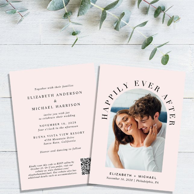 Invitation Elégant Arc Photo QR Code Mariage rose (Celebrate your love story with an invitation showcasing your favorite photo in an elegant arch frame)