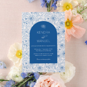 Invitation Elégant Arc Toile Florale Mariage bleu français