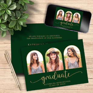 Invitation Elégant Arc Vert foncé Or 3 Photo Graduation