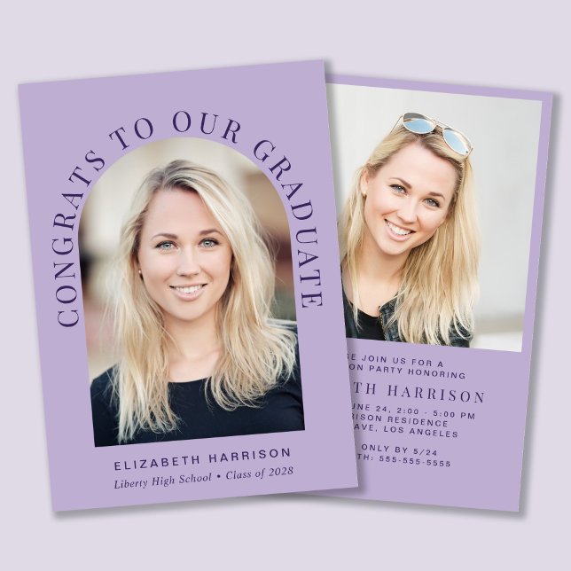 Invitation Elégant Arch Photo Lavender Graduation Party (An elegant arch photo graduation party invitation to celebrate the graduate's achievements)