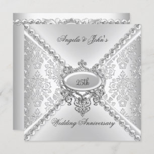Invitation Élégant Argent 25ème Mariage Anniversaire Damas