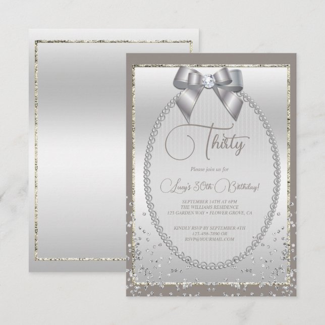 Invitation Elégant Argent Bijoux Bow & Confetti Anniversaire (Devant / Derrière)