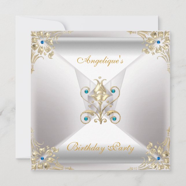 Invitation Elégant Argent Blanc Or Bleu Bijou Anniversaire (Devant)