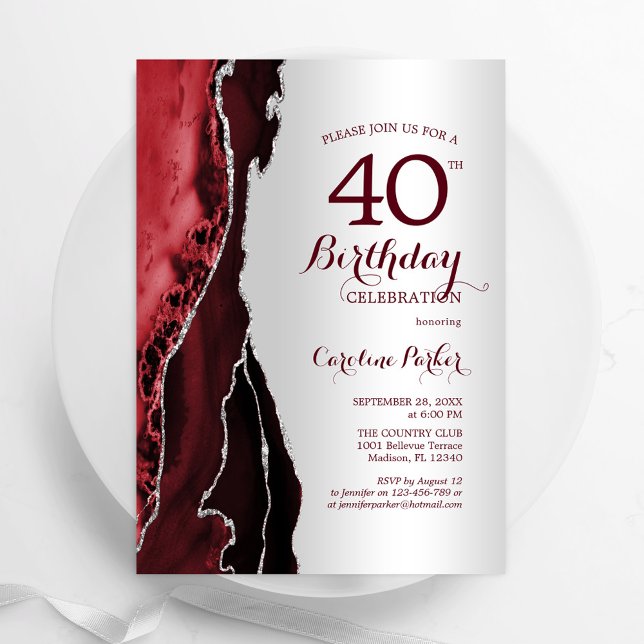 Invitation Elégant Argent Bourgogne Red Agate 40e anniversair (Créateur téléchargé)