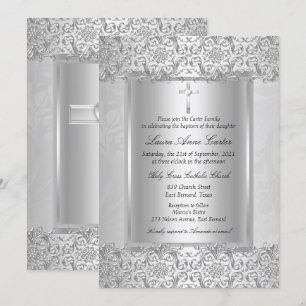 Invitation Elégant Argent Damask Cross Baptism / Christening