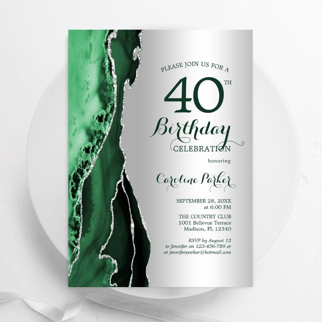 Invitation Élégant Argent Emerald Green Agate 40e anniversair (Créateur téléchargé)