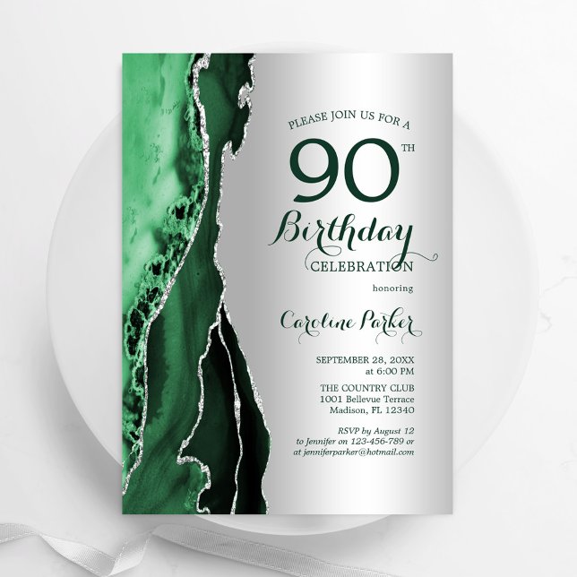 Invitation Élégant Argent Emerald Green Agate 90e anniversair (Créateur téléchargé)