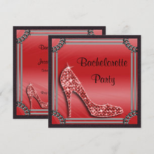 Invitation Elégant Argent encadré Rouge Stiletto Bachrlorette