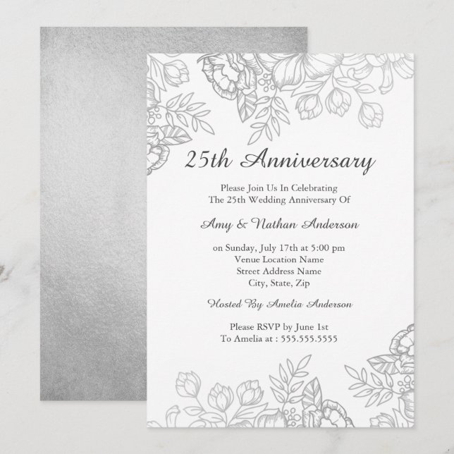 Invitation Élégant Argent Floral Vintage 25e Anniversaire (Devant / Derrière)
