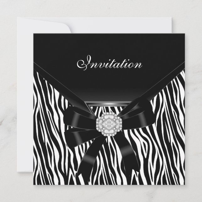 Invitation Elegant Argent Noir Bijou Blanc Zèbre (Devant)