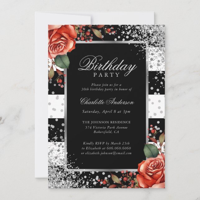 Invitation Elégant Argent Noir Confetti Rose Rouge Anniversai (Devant)