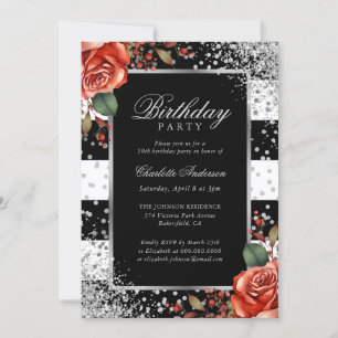 Invitation Elégant Argent Noir Confetti Rose Rouge Anniversai