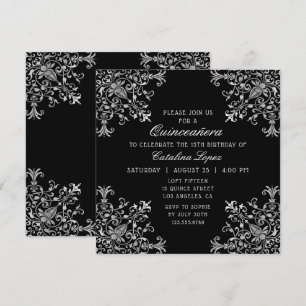 Invitation Elégant argent noir Ornate Floral Quinceañera