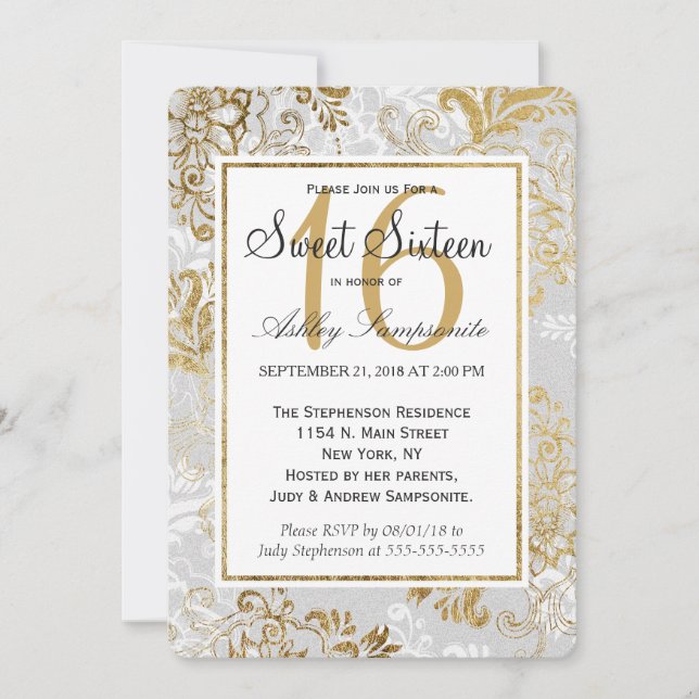 Invitation Elégant Argent Or et Gris Floral Sweet 16 (Devant)