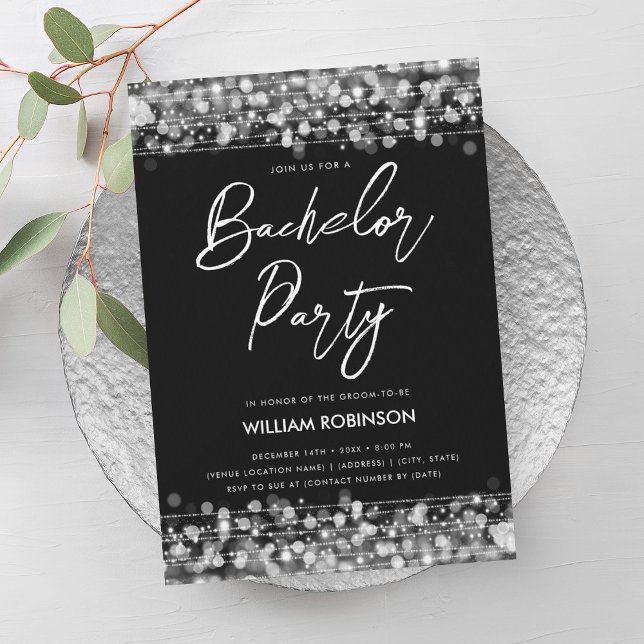 Invitation Élégant Argent String Lumières Bachelor Party (Elegant Silver String Lights Bachelor Party Invitation)