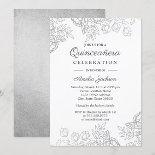 Invitation Élégant Argent Vintage Floral Quinceanera Invitati