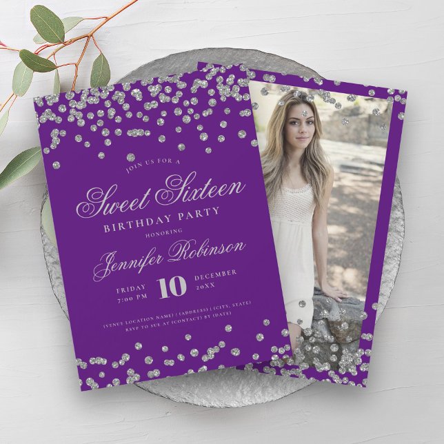 Invitation Elégant Argent Violet Confetti Photo Sweet 16 (Elegant Silver Purple Confetti Photo Sweet 16 Invitation)