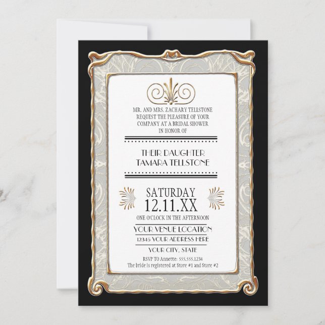 Invitation Élégant Art Déco Nouveau Gatsby Gold Lace Mariage (Devant)