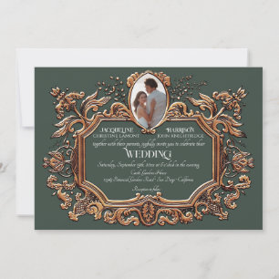 Invitation Elégant Art Nouveau Gold et Mariage photo vert