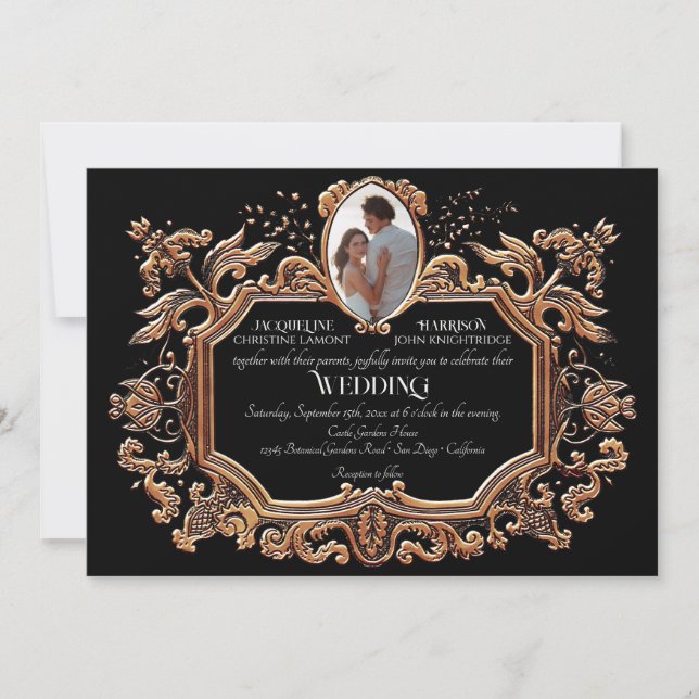 Invitation Elégant Art Nouveau Mariage photo noir et blanc (Devant)