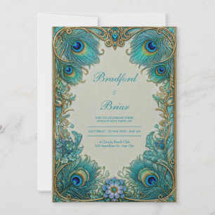 Invitation Élégant Art Nouveau Turquoise Plume Doré Mariage