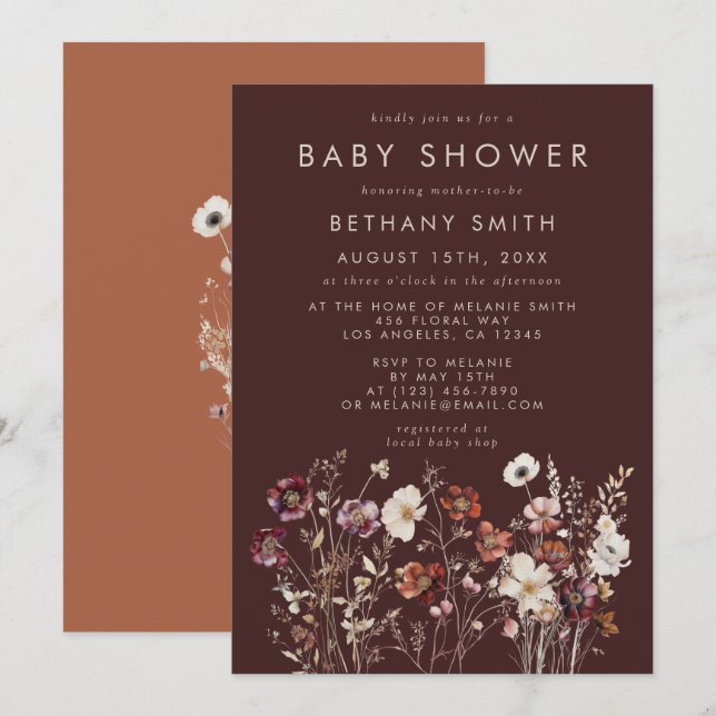Invitation Elégant automne Brown Baby shower floral (Devant / Derrière)