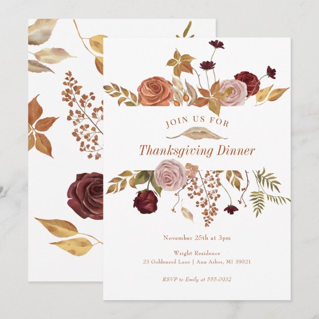 Invitation Elégant automne Floral Woodland Thanksgiving (Devant / Derrière)
