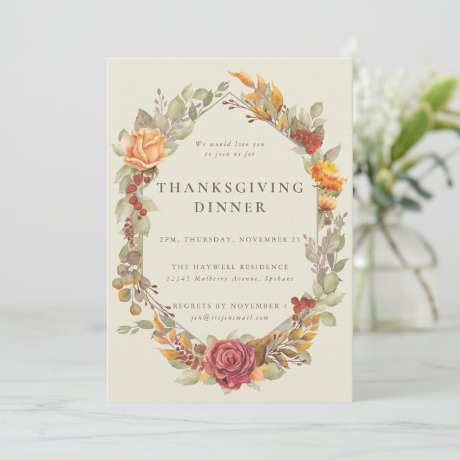 Invitation Élégant Autumnal Floral Frontière Thanksgiving Dîn (Debout devant)