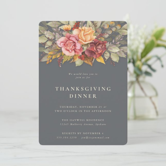 Invitation Élégant Autumnal Floral Frontière Thanksgiving Dîn (Debout devant)