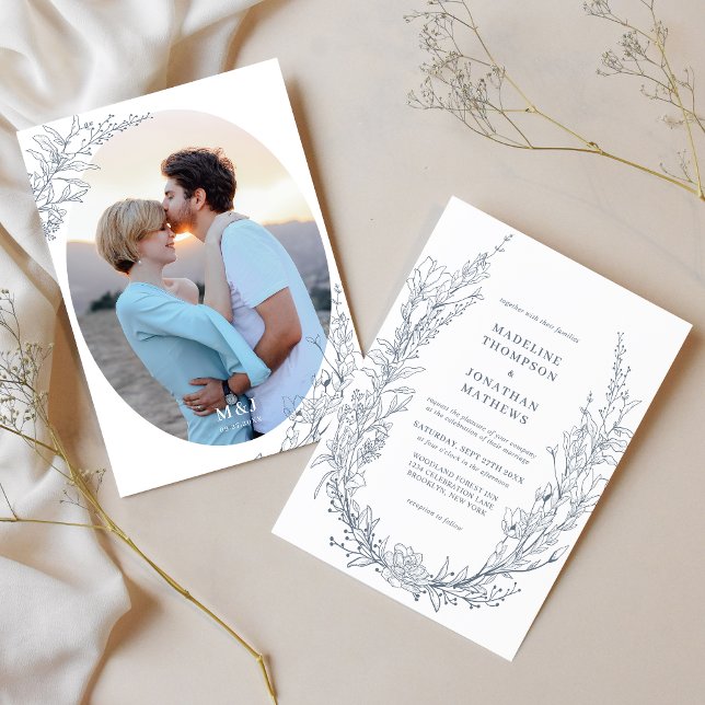 Invitation Élégant Azur Floral d'ivoire Monogramme Mariage ph (Créateur téléchargé)