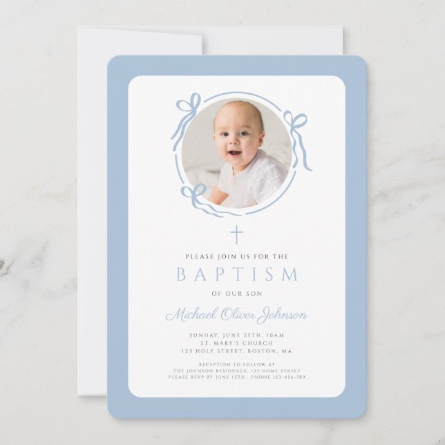 Invitation Elegant Baby Blue Bow Photo Boy Baptism (Devant)