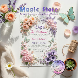 Invitation Elegant Baby In Bloom Floral Butterflies Pastel