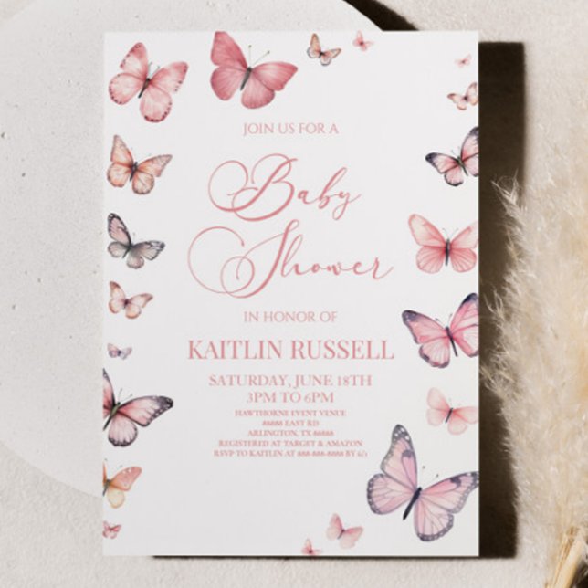 Invitation Élégant Baby shower à papillon rose doux (Créateur téléchargé)