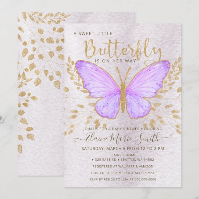 Invitation Élégant Baby shower à papillon violet à huile d'or (Devant / Derrière)
