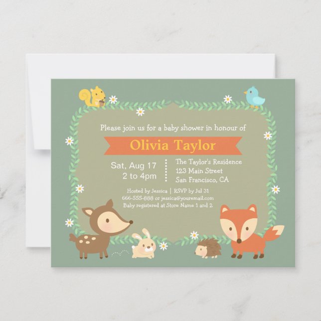Invitation Élégant Baby shower animal de forêt contemporain (Devant)