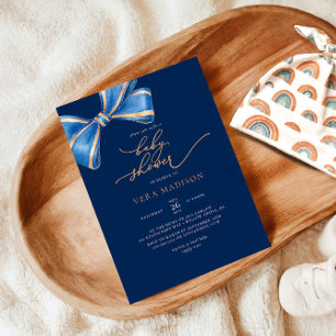 Invitation Elégant Baby shower Aquarelle Bleu Bow