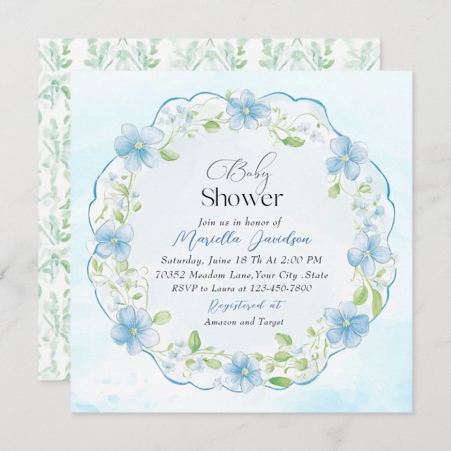 Invitation Elégant Baby shower Aquarelle Bleu Fleurs (Devant / Derrière)