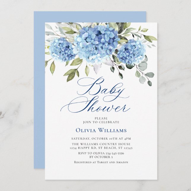 Invitation Elégant Baby shower Aquarelle Bleu Hydrangea (Devant / Derrière)