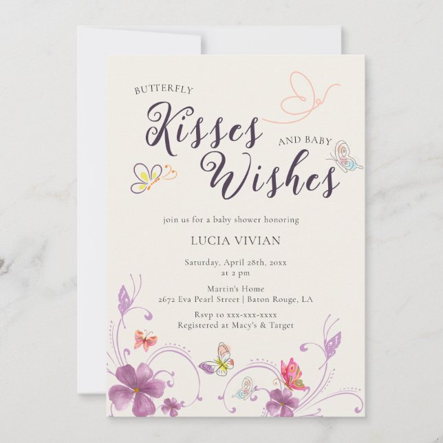 Invitation Élégant Baby shower Baisers et souhaits de papillo (Devant)