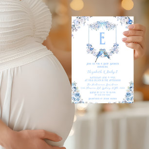 Invitation Elégant Baby shower bleu bleu floral de crête de p