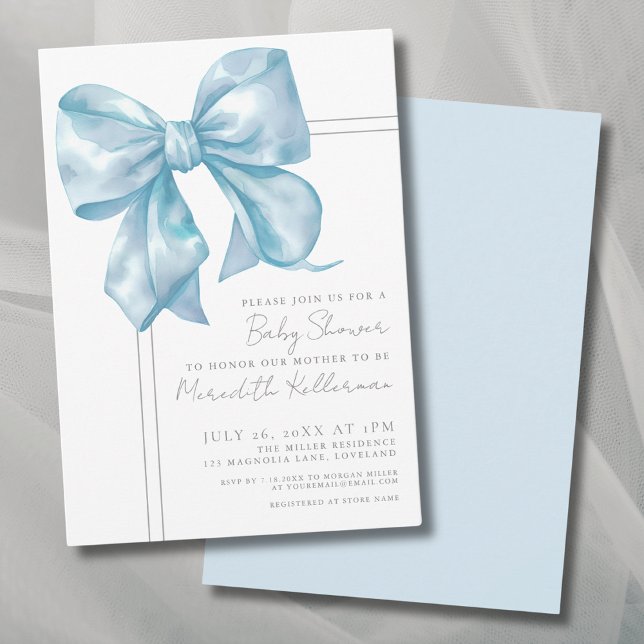 Invitation Élégant Baby shower bleu clair Bow (Elegant Light Blue Bow Baby Shower Invitation )