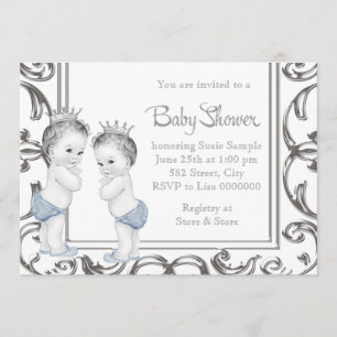 Invitation Elégant Baby shower Bleu et Jumeau Argent