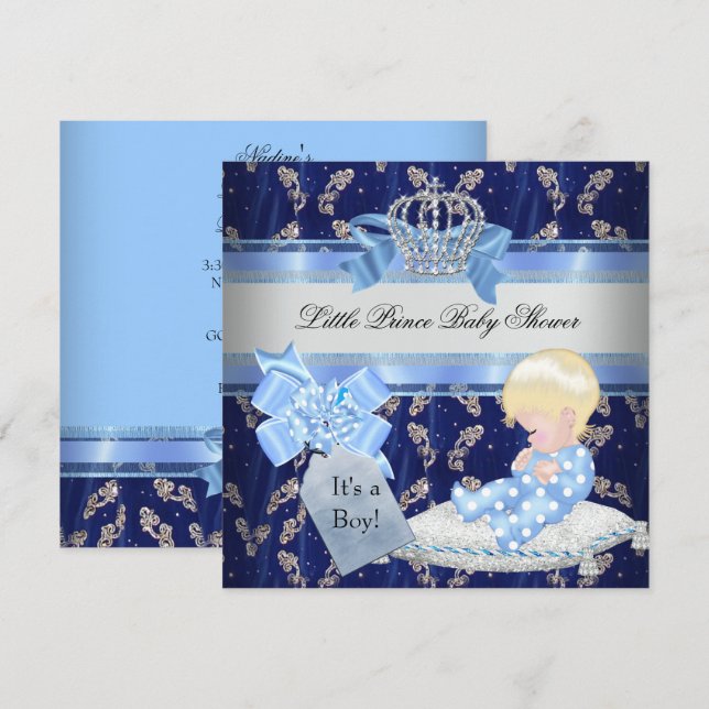 Invitation Elégant Baby shower Blonde Boy Blue Little Prince (Devant / Derrière)