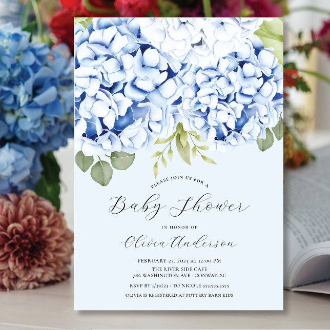 Invitation Elégant Baby shower Blue Hydrangea (Créateur téléchargé)