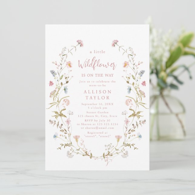 Invitation Elégant Baby shower Boho Rose Petit Fleur sauvage (Debout devant)