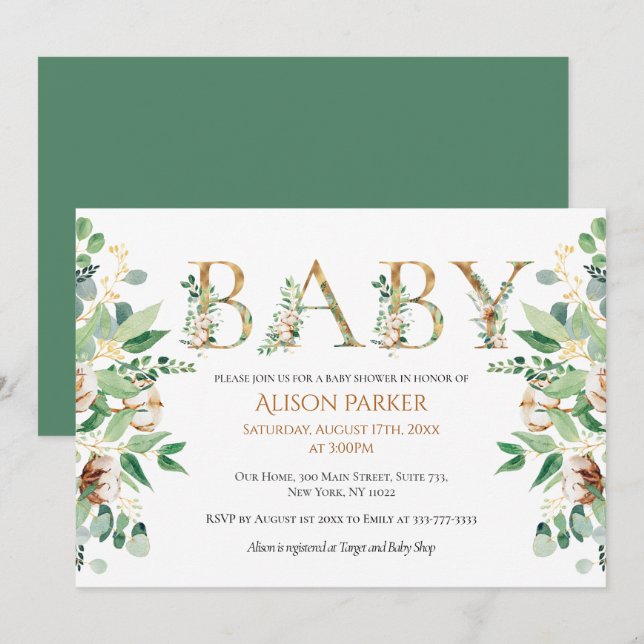 Invitation Elégant Baby shower Botanique Eucalyptus Or (Devant / Derrière)